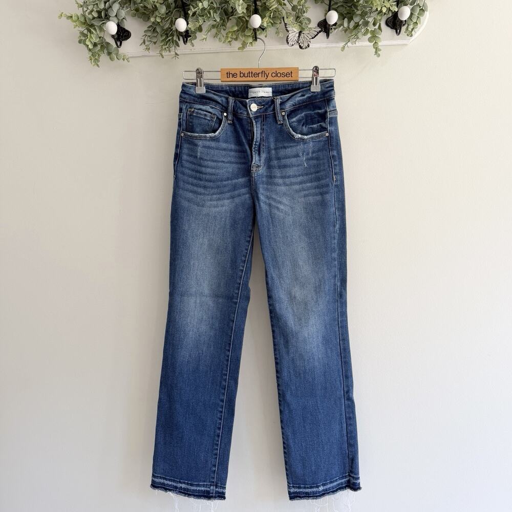 Risen Raw Hem Mid Wash Stretch Jeans 7/28 KG high rise comfy